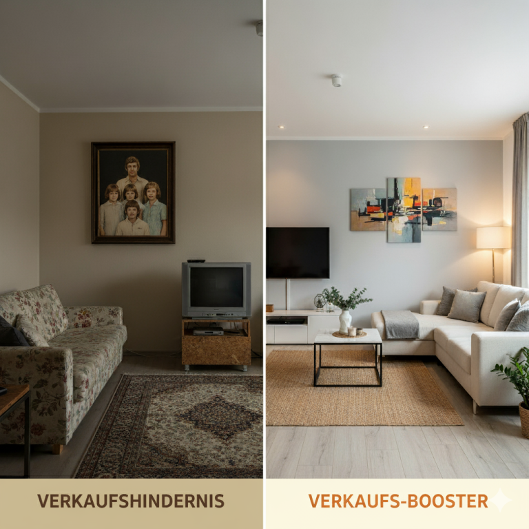 m-j-r | Diskretion ist Gold. Fotorealistische Bildverwandlung (ki-generiert) Zwei Wohnzimmer: eines unmodern, unordentlich und mit Familienbild, das andere modern, einladend und diskret.