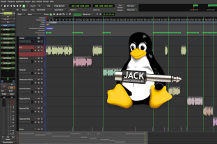 Tux, das Linux-Maskottchen, hält einen Klinkenstecker, der mit "JACK - Jack Connection Kit" beschriftet ist. Im Hintergrund, die Ardour DAW.