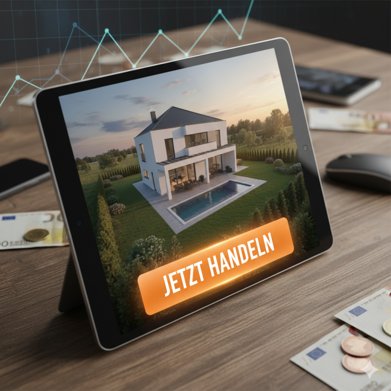 Moderne Villa mit Pool, umgeben von Grün, auf einem Tablet angezeigt. Text: "JETZT HANDELN".