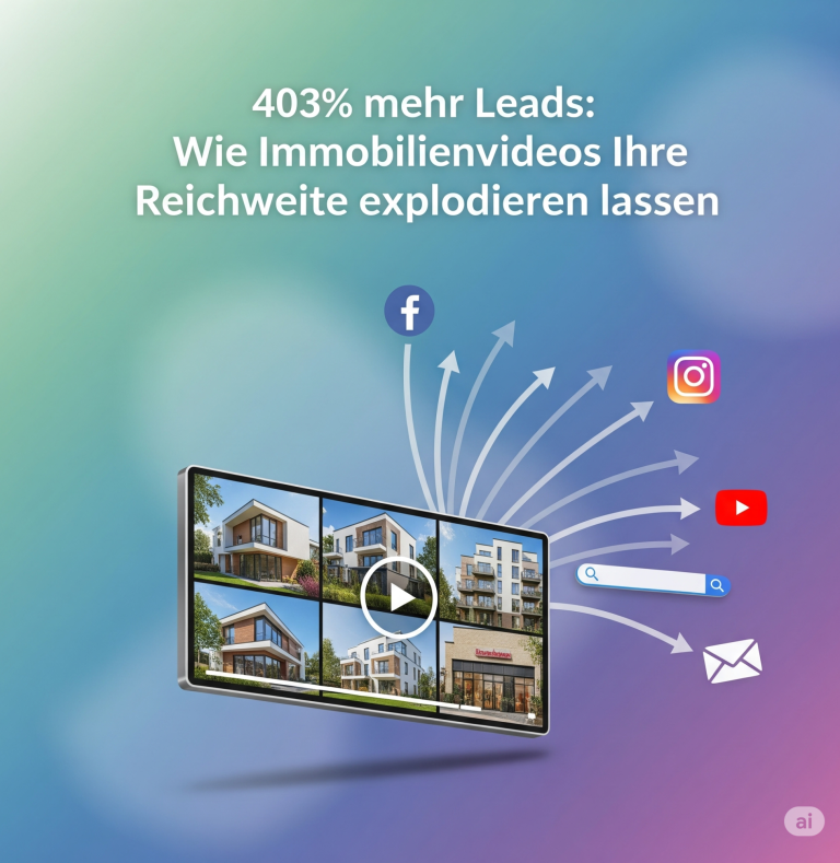 m-j-r | Explodierende Reichweite durch Immobilienvideos Text mit dem Titel „403% mehr Leads“ und einem TV-Bildschirm, der Immobilienvideos zeigt.