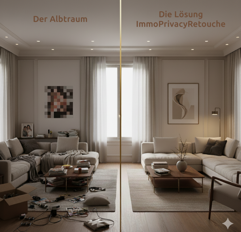 Raum mit zwei Hälften: Chaos und DSGVO-Falle links, stilvoll und gepflegt mit gewahrter Privatsphäre rechts.