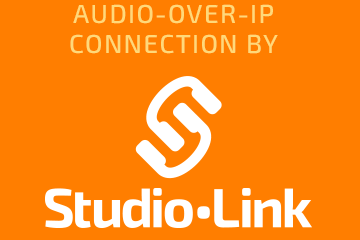 Logo von Studio-Link auf orangem Hintergrund. Lösung für Live-Audio-Übertragung via IP-Verbindung.