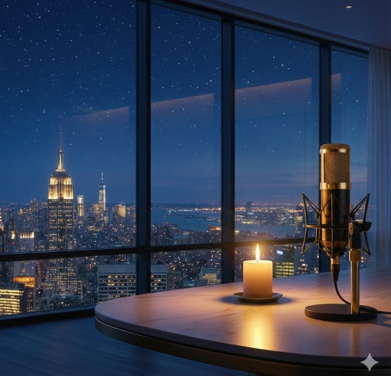 m-j-r | Mit ImmoVoiceOver den Markt dominieren (ki-generiert) Mikrofon und Kerze auf einem Tisch mit Blick auf die beleuchtete Skyline bei Nacht.