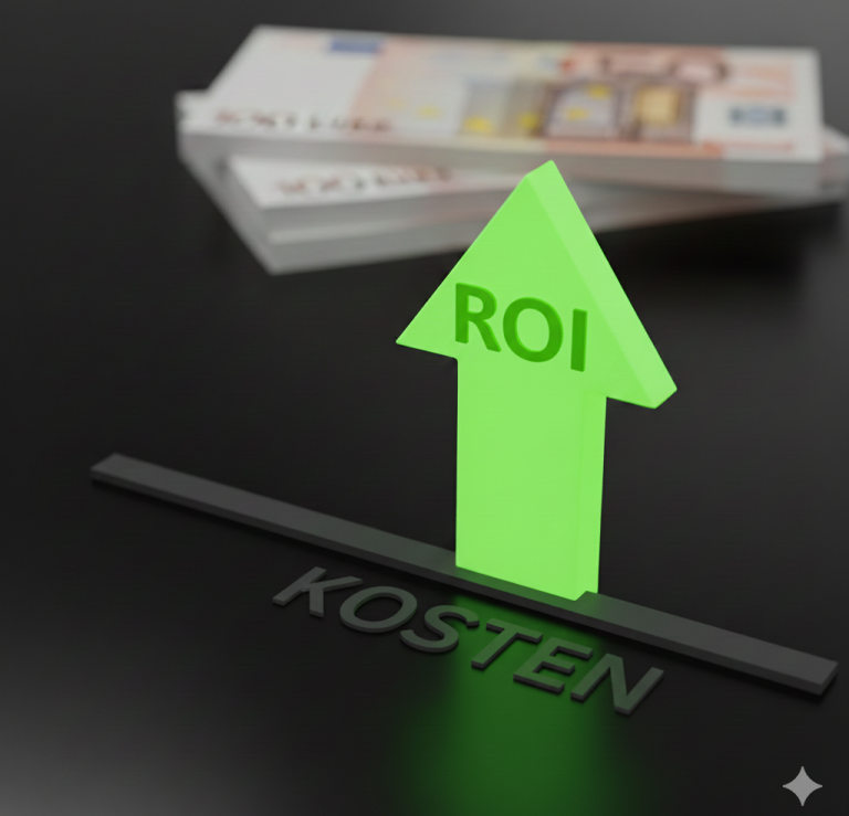 Pfeil zeigt nach oben mit Beschriftung "ROI" über dem Wort "KOSTEN", Euro-Scheine im Hintergrund.