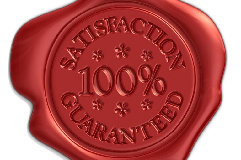 Rotes Wachs-Siegel mit der Aufschrift "SATISFACTION 100% GUARANTEED".