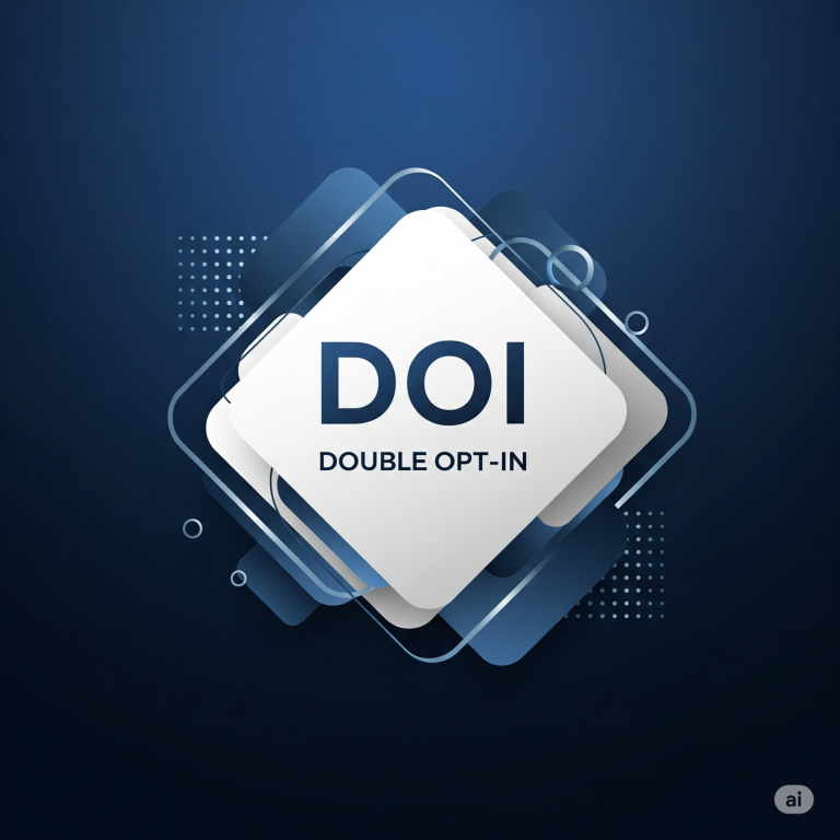 m-j-r | Double Opt-In (ki-generiert) Blauer Hintergrund mit dem Text "DOI DOUBLE OPT-IN" in einem modernen, geometrischen Design.