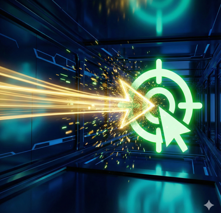 Leuchtender Pfeil in einem futuristischen Tunnel mit Zielscheibe im Hintergrund.