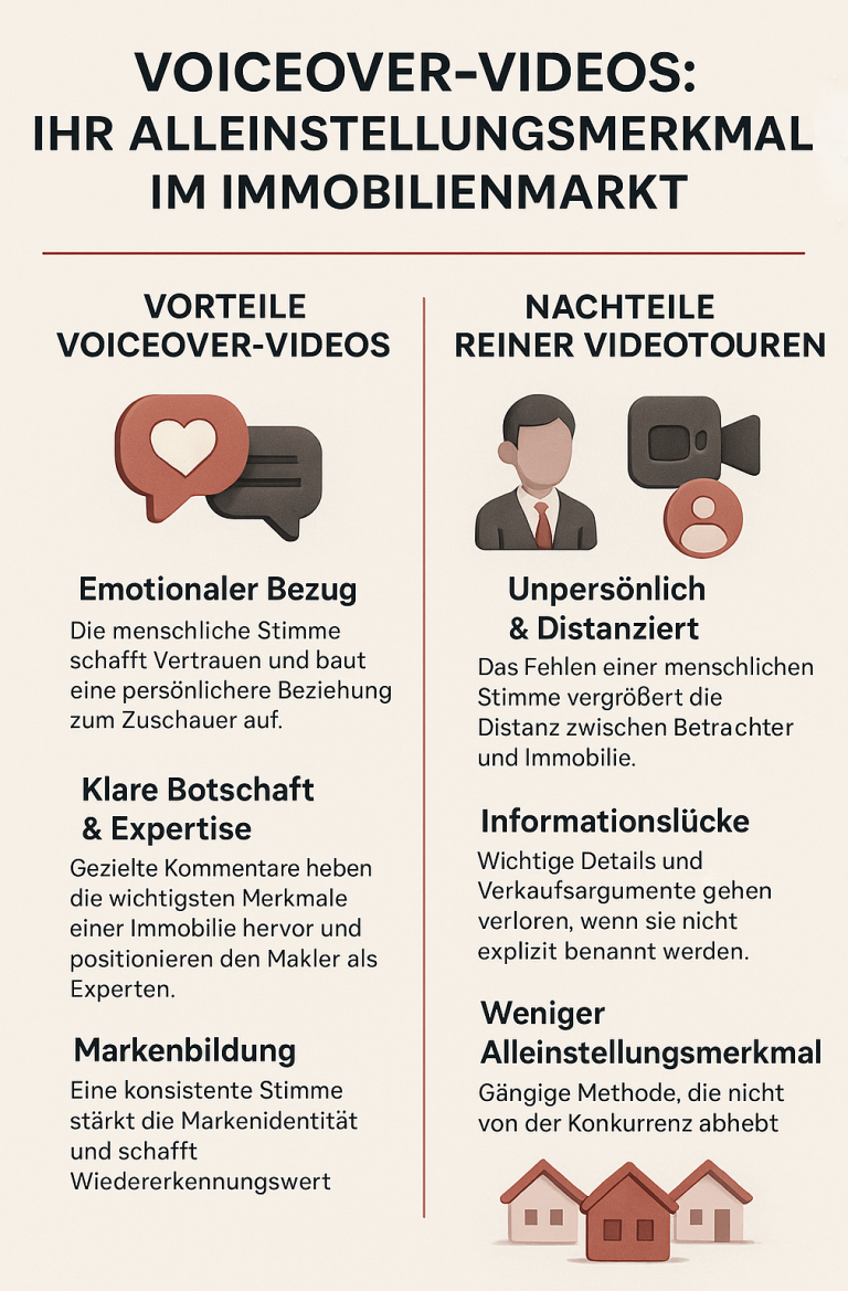 Infografik über die Vorteile von Voiceover-Videos im Immobilienmarketing, im Vergleich zu reinen Videotouren.