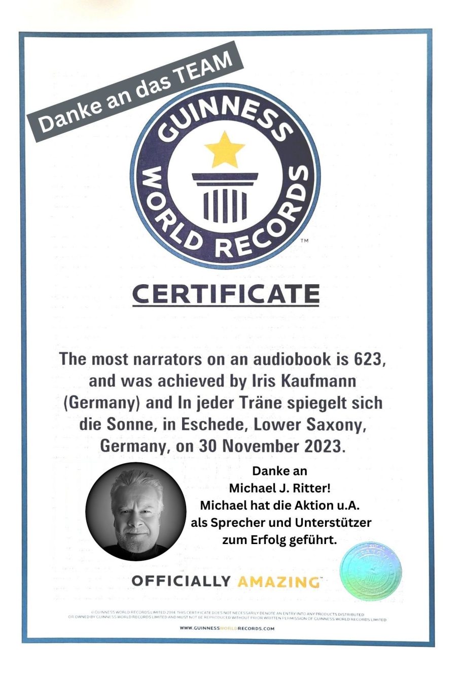 Guinness-Weltrekord-Zertifikat für die meisten Sprecher in EINEM Hörbuch