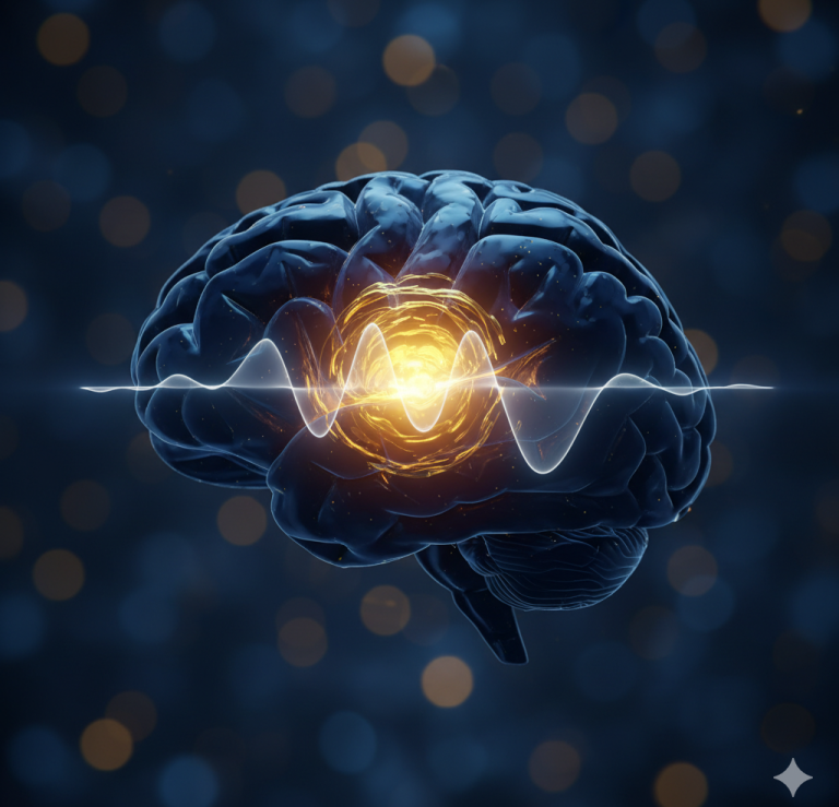 Grafik eines menschlichen Gehirns mit leuchtendem Zentrum und Signalwellen.