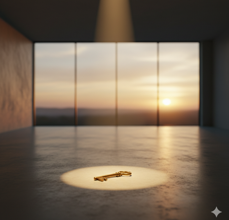 Ein einzelner Schlüssel liegt in einem Lichtstrahl auf dem Boden eines leeren Raums mit Fensterfront zum Sonnenaufgang.