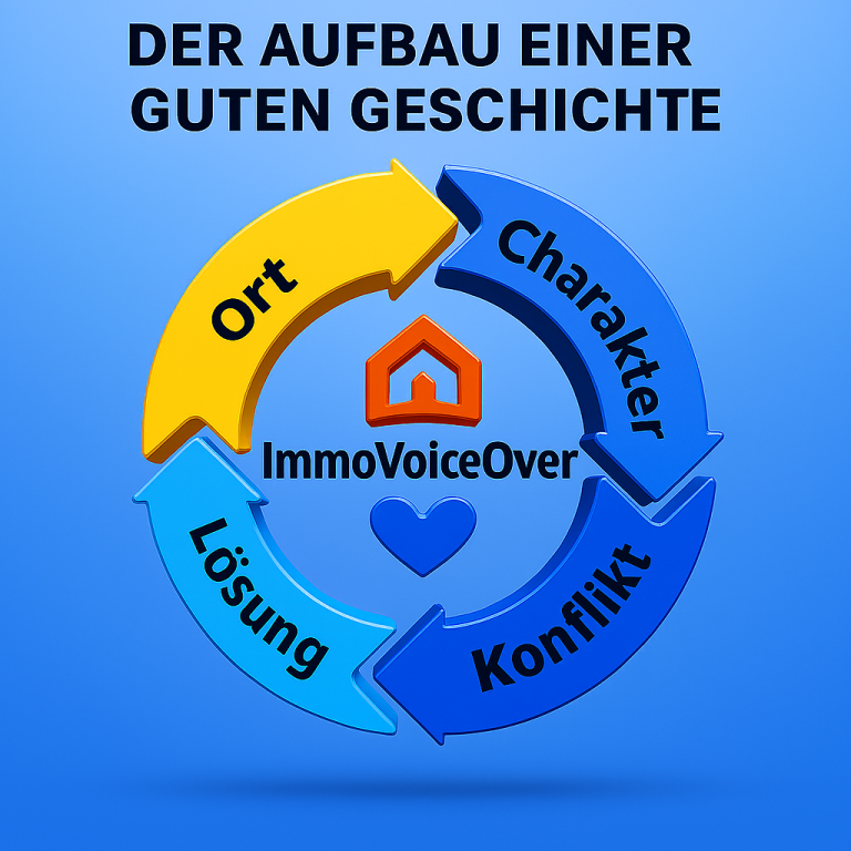 Diagramm zur Struktur einer guten Geschichte: Ort, Charakter, Konflikt, Lösung.