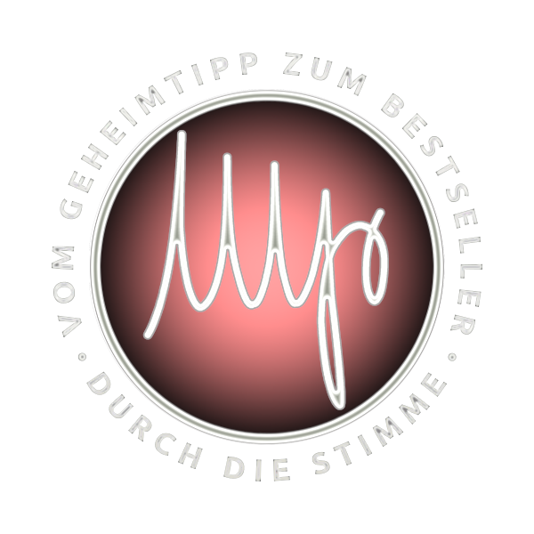 Logo mit Schriftzug "Vom Geheimtipp zum Bestseller durch DIE Stimme" und stilisiertem Schriftzug "MJR".