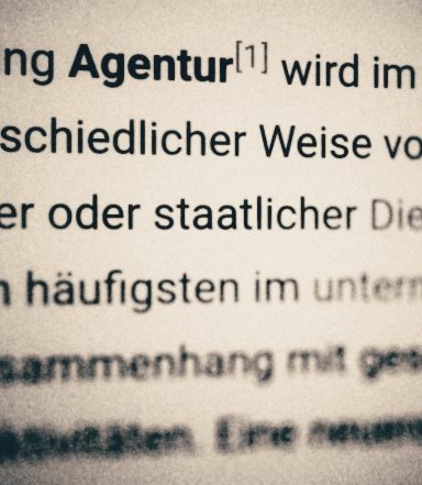 Lexikaler Textausschnitt über die Arbeitsweise einer Agentur, foto-künstlerisch verfremdet.