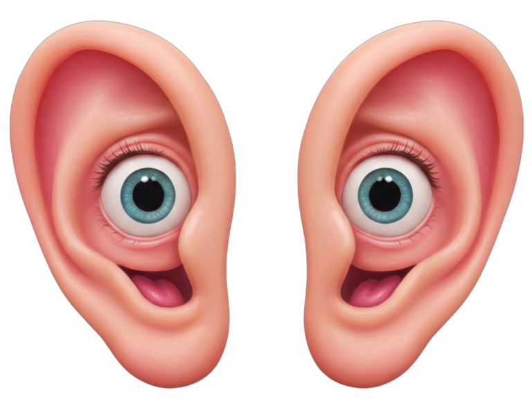 m-j-r | Ohren machen Augen (ki-generiert) Zwei große Ohren mit jeweils einem fröhlich-überraschten Auge und einem lächelnden Mund.
