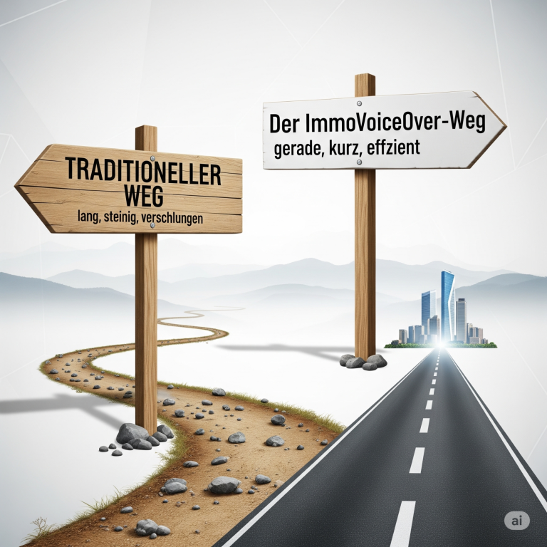 m-j-r | Zeit ist Geld: Revolution im Immobilienverkauf mit ImmoVoiceOver Zwei Wege: Ein steiniger, kurviger "Traditioneller Weg" und ein gerader, geteerter "Der ImmoVoiceOver-Weg" zur modernen Skyline.
