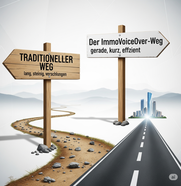 m-j-r | Zeit ist Geld: Revolution im Immobilienverkauf mit ImmoVoiceOver Zwei Wege: Ein steiniger, kurviger "Traditioneller Weg" und ein gerader, geteerter "Der ImmoVoiceOver-Weg" zur modernen Skyline.